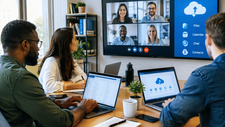 Home Small business employees using internet-connected devices in a modern office.