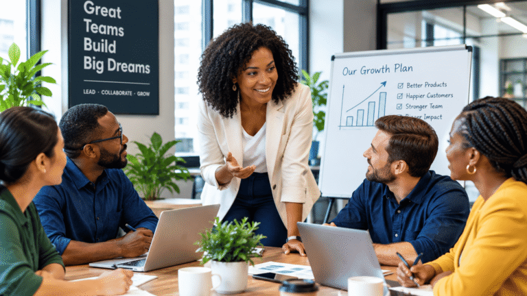 Home Successful business owner leading a team in a modern workplace.