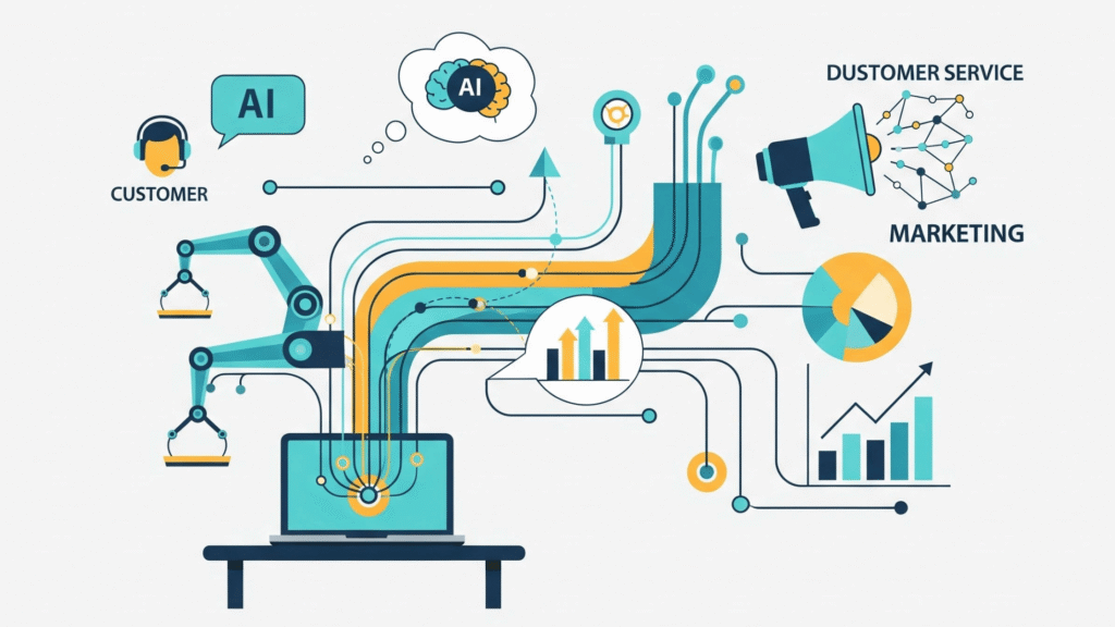 Examples of AI agents used in customer service, sales, marketing, research, and administration.